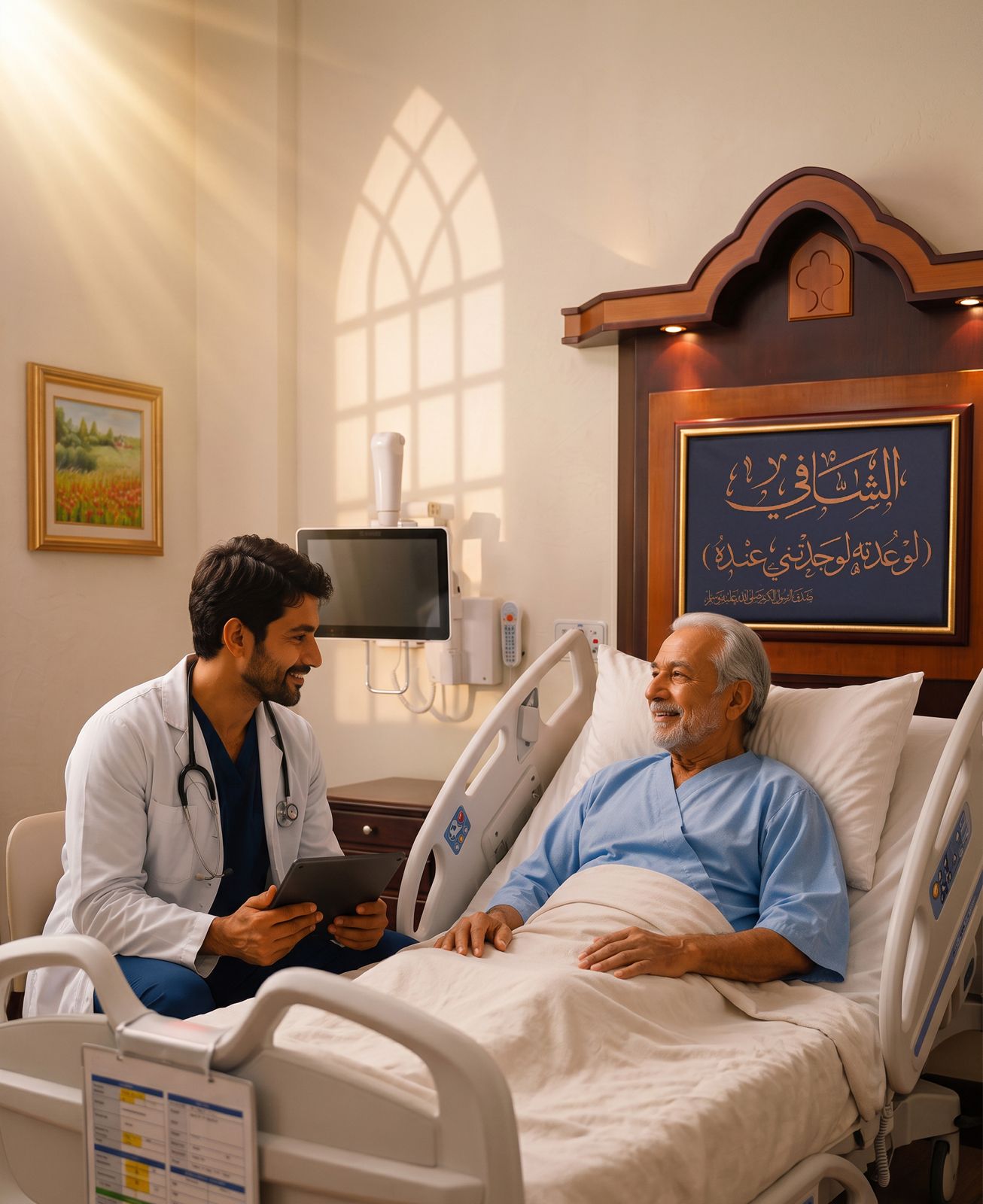 طبيب مع مريضه بجوار سرير المستشفى